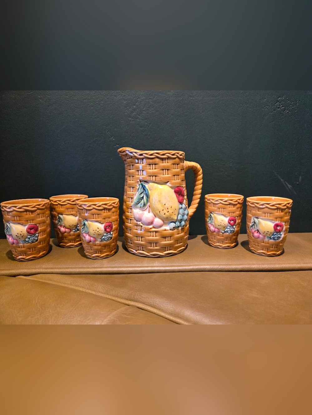 Vintage 1950s midcentury pitcher and cups 6 piece set